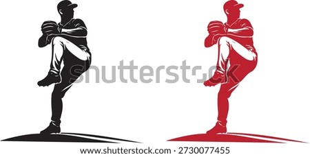 Powerful baseball pitcher silhouette in classic wind-up throwing position, lifting leg and preparing to pitch the ball. Dynamic athletic pose shown in bold black and red flat vector style, isolated on white background. Perfect for baseball logos, sports branding, team mascots, posters, apparel prints, training materials, game graphics, and competitive sports illustrations.