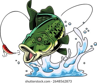Poderoso Bass Fish Cartoon Personagem Saltando na isca de pesca vermelha - ilustração desenhada à mão do vetor isolado no fundo transparente
