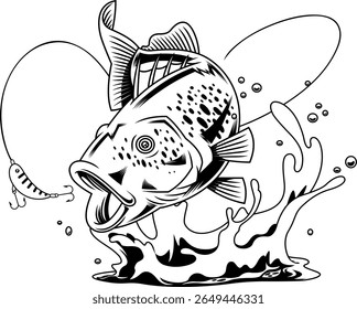 Powerful Bass Fish Cartoon Character Jumping at Lure – Black and White Vector Hand Drawn Illustration Isolated On Transparent Background