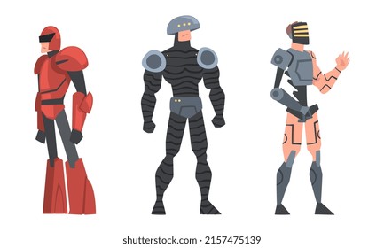 Powerful battle robots set cartoon vector illustration