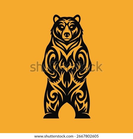 A powerful bear stands on its hind legs, illustrated in a bold, black tribal tattoo style against an orange background. The design symbolizes strength, wilderness, and primal power.Vector Illustration