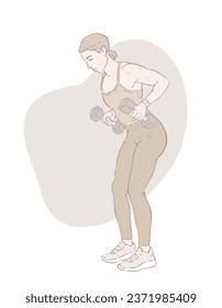 Powerful and beautiful woman in stylish sportswear doing exercise. Arms and back muscle training. Body care, fitness routine. Home workout with dumbbells. Hand-drawn vector illustration, pastel colors