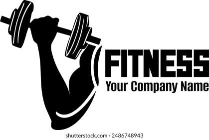 Powerful bicep lifting heavy dumbbell logo isolated on white vector illustration