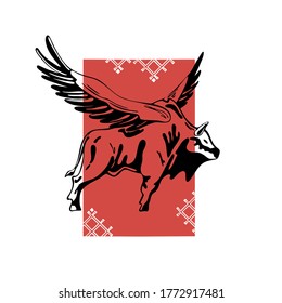 fuerte bisonte con alas. símbolo de fuerza y libertad. logotipo artes gráficas Vector ilustración de material a mano Fondo aislado blanco. símbolo de Bielorrusia. ornamento nacional. acento blanco y rojo