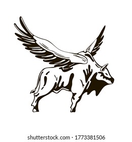 mächtiger Bison mit Flügeln. Symbol der Stärke und Freiheit. Logo. Schwarz-Weiß-Grafik. Vektorhandgezeichnete Stockillustration. Weißer, isolierter Hintergrund. Symbol von Belarus