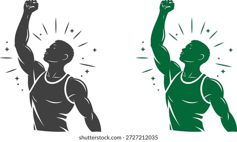 Powerful black athlete silhouette vector illustration showing a strong man raising his fist in victory pose. Symbol of strength, motivation, success, confidence, empowerment and determination. Perfect for fitness branding, sports posters, motivation designs and inspirational content.