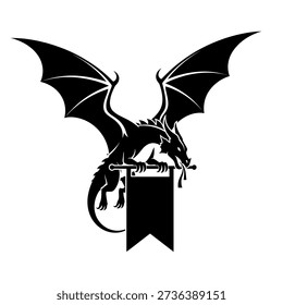 A powerful black dragon with large, spread wings is depicted holding a blank banner, ready for custom text or emblem.