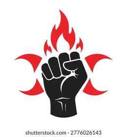 A powerful black fist with red flames and biohazard symbol, representing protest, revolution, or activism on a white background, conveying a strong message or warning.