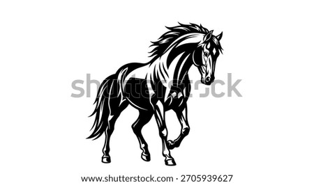 A powerful black horse in motion, its mane and tail flowing dynamically. The illustration emphasizes strength and grace.