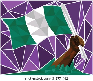 Powerful Black Man Hand Raising The Flag Of Nigeria