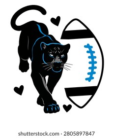 Powerful black panther mascot walking alongside an american football graphic, great for school sports teams, game day apparel, vinyl stickers, and digital sublimation crafts.