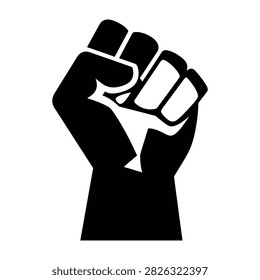 A powerful black raised fist on a white background, representing unity, activism, and defiance