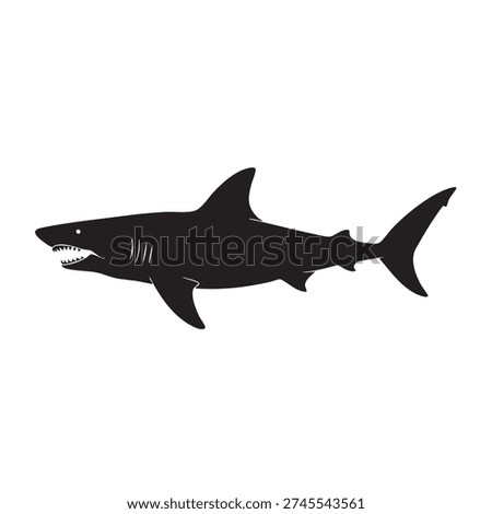 Powerful black shark vector graphic illustration depicts a menacing marine predator with sharp teeth and a distinct silhouette, ideal for various designs, logos, or educational content related to ocean wildlife, danger, or aquatic themes.