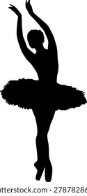 Powerful black silhouette of a ballerina with both arms dramatically raised overhead and tutu fanned out radiating strength and elegance in equal measure. Perfect for performance branding and artistic posters.