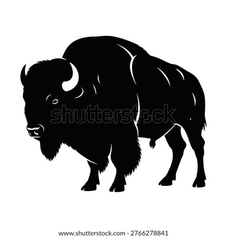 A powerful black silhouette of a bison, also known as an American buffalo, standing majestically on a white background, showcasing its robust form and distinctive horns.