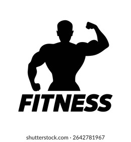 A powerful black silhouette of a bodybuilder flexing his biceps, overlaid on the word "FITNESS" in bold, sans-serif type.	
