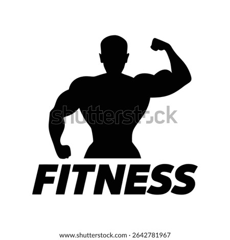 A powerful black silhouette of a bodybuilder flexing his biceps, overlaid on the word 