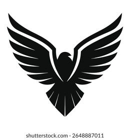  Uma poderosa silhueta negra de uma águia ou falcão com asas espalhadas em voo, perfeita como um ícone vetorial ou logotipo para temas de força, liberdade, visão e graça predatória.