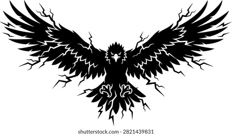 Powerful black silhouette of an eagle with outstretched wings integrated with lightning bolts. Perfect for sports team mascots, apparel design, and energetic branding projects.