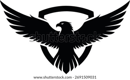 A powerful black silhouette of an eagle, wings fully extended, superimposed on a shield, presented on a stark white background, embodying dominance and vigilance.