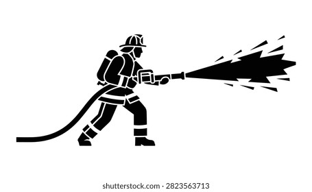 Powerful black silhouette of a firefighter spraying water from a hose, symbolizing emergency response and fire suppression in graphic design.