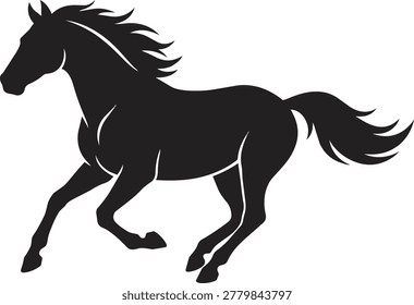 A powerful black silhouette of a horse in motion, showcasing its muscular build and flowing mane and tail.