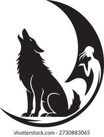 Powerful black silhouette of a howling wolf sitting on a crescent moon, with a subtle white female figure within the moon's curve.