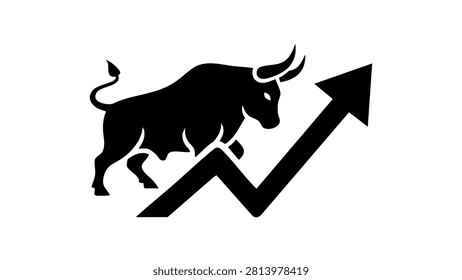 A powerful black silhouette illustration representing a bullish stock market trend. The graphic features a muscular charging bull jumping over an upward-trending arrow graph, symbolizing economic growth, rising stock prices, financial success, and investment optimism. This minimalist vector design is ideal for financial news, trading platforms, and business presentations related to wealth management and capital gain.