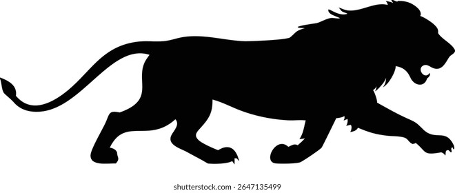 Powerful black silhouette of a roaring lion showing its might and majesty in movement
