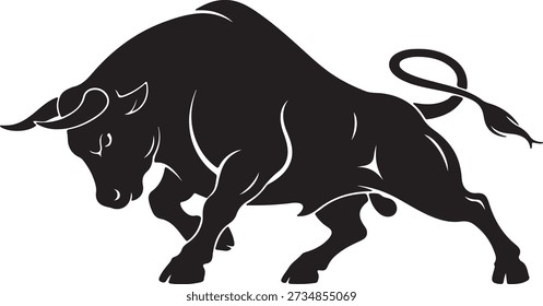 Poderoso ícone vetorial de silhueta preta de um touro, simbolizando o mercado de touros, força, crescimento financeiro e conceitos de mercado de ações.