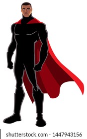 Powerful Black Superhero With Red Cape Posing Over White Background. 