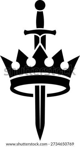 A powerful black vector graphic of a medieval sword passing through a royal crown. This simple silhouette icon symbolizes power, authority, monarchy, and conquest.