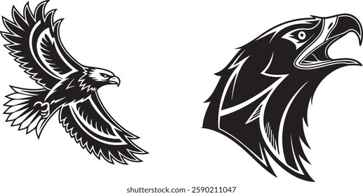 Powerful Black and White Eagle Design for Branding or Tay tottoo, birds black silhouette vector illustration 