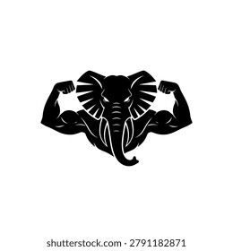 Powerful black and white elephant mascot flexing muscles, representing immense strength, memory, wisdom, and reliability for security firms or sports teams.