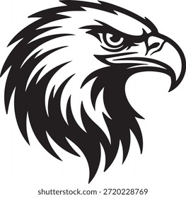 Un poderoso gráfico en blanco y negro de la cabeza de un águila de perfil, con un pico afilado y un ojo feroz, que simboliza la fuerza y la libertad.