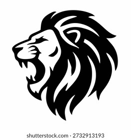 A powerful black and white graphic illustration of a roaring lion's head in profile, showcasing its fierce expression and flowing mane, symbolizing strength and courage.