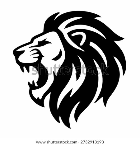 A powerful black and white graphic illustration of a roaring lion's head in profile, showcasing its fierce expression and flowing mane, symbolizing strength and courage.