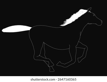 Um cavalo preto e branco poderoso galope com juba e cauda fluindo, chutando poeira enquanto se move dinamicamente. O fundo preto acentuado destaca os olhos alertas do cavalo e a forma muscular.