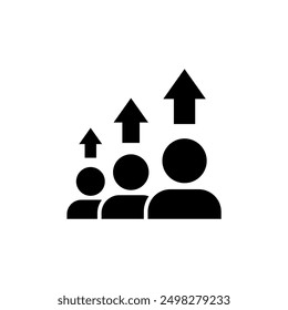 A powerful black and white icon representing a group of people working together towards success. Each person holds an upward arrow, symbolizing growth and progress.