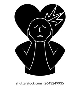 A powerful black and white illustration depicts the intense heartbreak of a person. A broken heart, rendered with cracks, symbolizes sadness, grief, and the pain of loss.