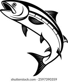Powerful Black and White Illustration of a Leaping Salmon