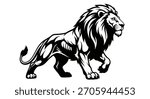 A powerful black and white illustration of a lion in profile, showcasing its muscular build and flowing mane.