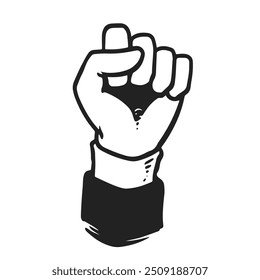 Powerful black and white illustration of a raised clenched fist, often associated with movements for freedom, equality, and social justice. This iconic gesture conveys unity and collective strength.