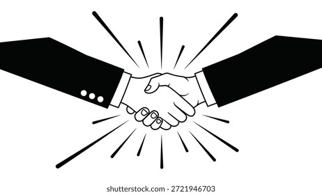 Poderosa ilustração em preto e branco de duas mãos tremendo em um aperto firme com linhas radiantes indicando um negócio bem-sucedido.