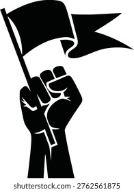 A powerful black and white image depicting a clenched fist firmly grasping a black flag, representing struggle and opposition.
