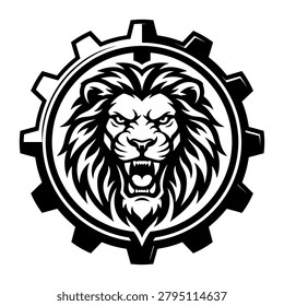 Powerful black and white lion roar illustration within a mechanical gear, perfect for industrial engineering, automotive branding, or sports team logos.