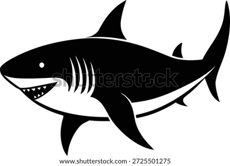 A powerful black and white shark graphic with a menacing expression and sharp teeth, poised in a dynamic swimming motion