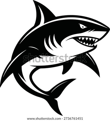 A powerful black and white shark graphic with a menacing expression and sharp teeth poised in a dynamic swimming motion