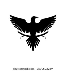 A powerful black and white silhouette of an eagle in flight. Its wings are outstretched, symbolizing freedom, strength, and dominance.