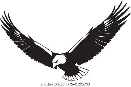 Powerful Black and White Silhouette of a Soaring Bald Eagle.
A striking, bold black and white silhouette of a bald eagle in flight.